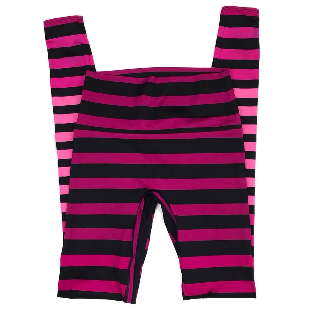 K-DEER Black and Fuchsia Striped High-Waist Leggings
